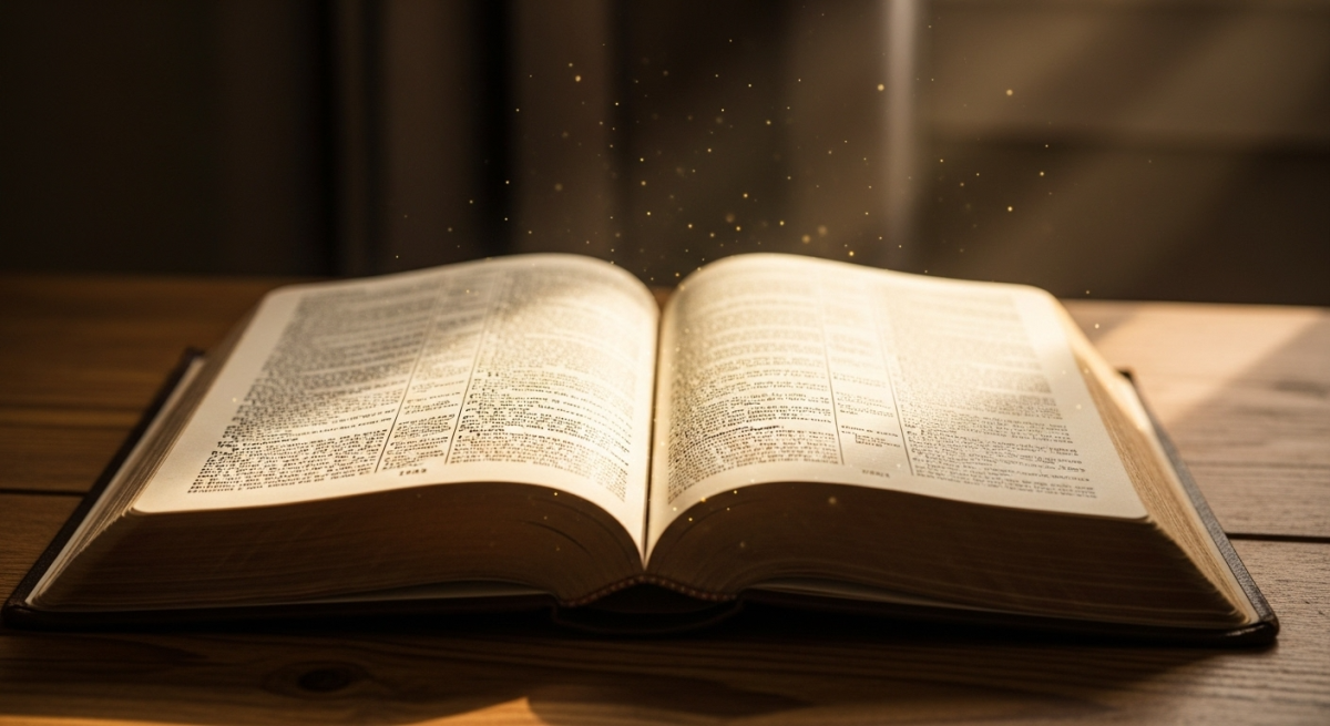 image An open, hardcover book with pages spread wide, resting on its spine. The book is large and appears to be old or well-used, with thick, yellowish pages. The text is visible on both pages.