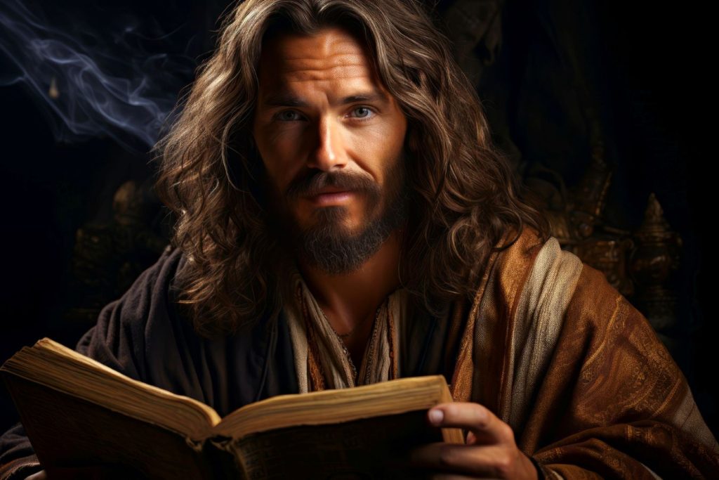 Christ reads from the Book of Life.