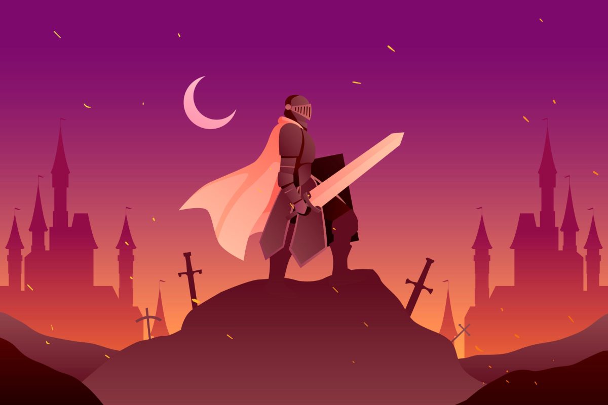 A knight standing triumphantly in the protection of their faith.