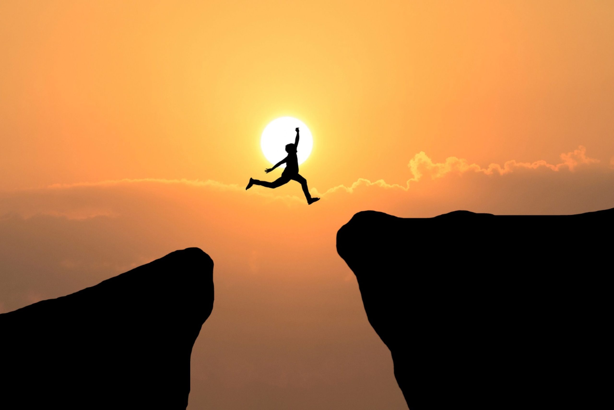 Find peace in the hands of God. A man taking a leap of faith.